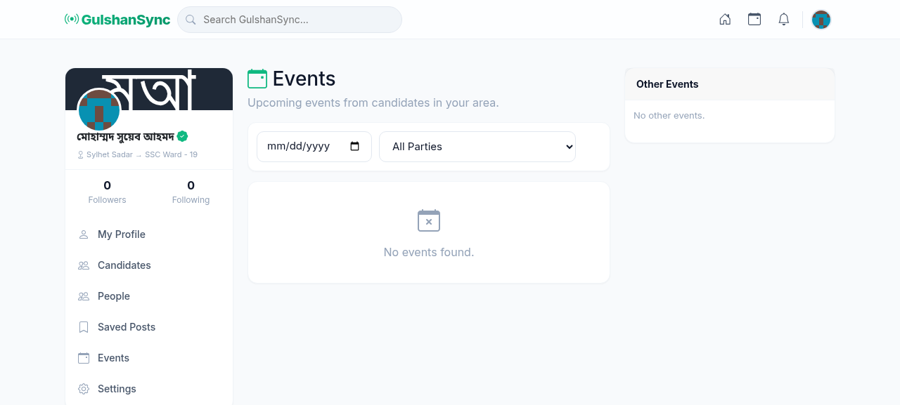 Events page showing upcoming events