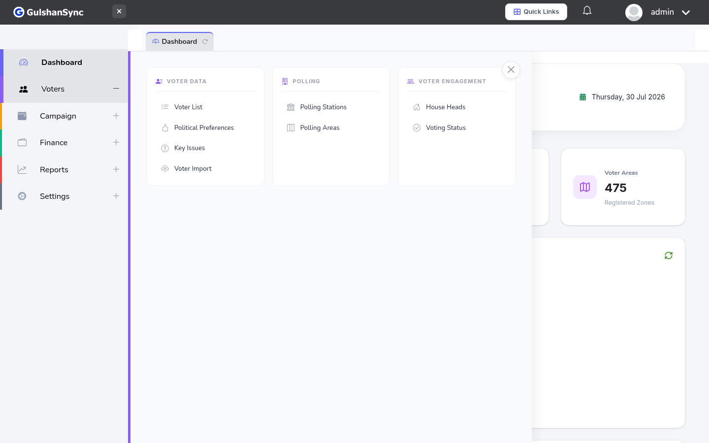 Voters menu expanded showing all sub-modules