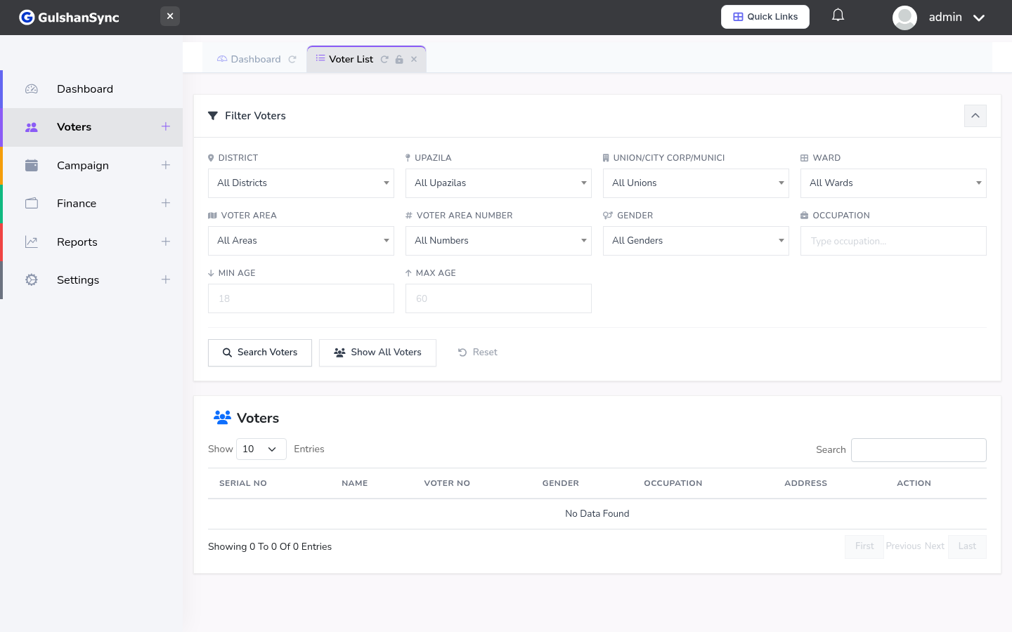 Voter List page with geographic filter dropdowns at the top